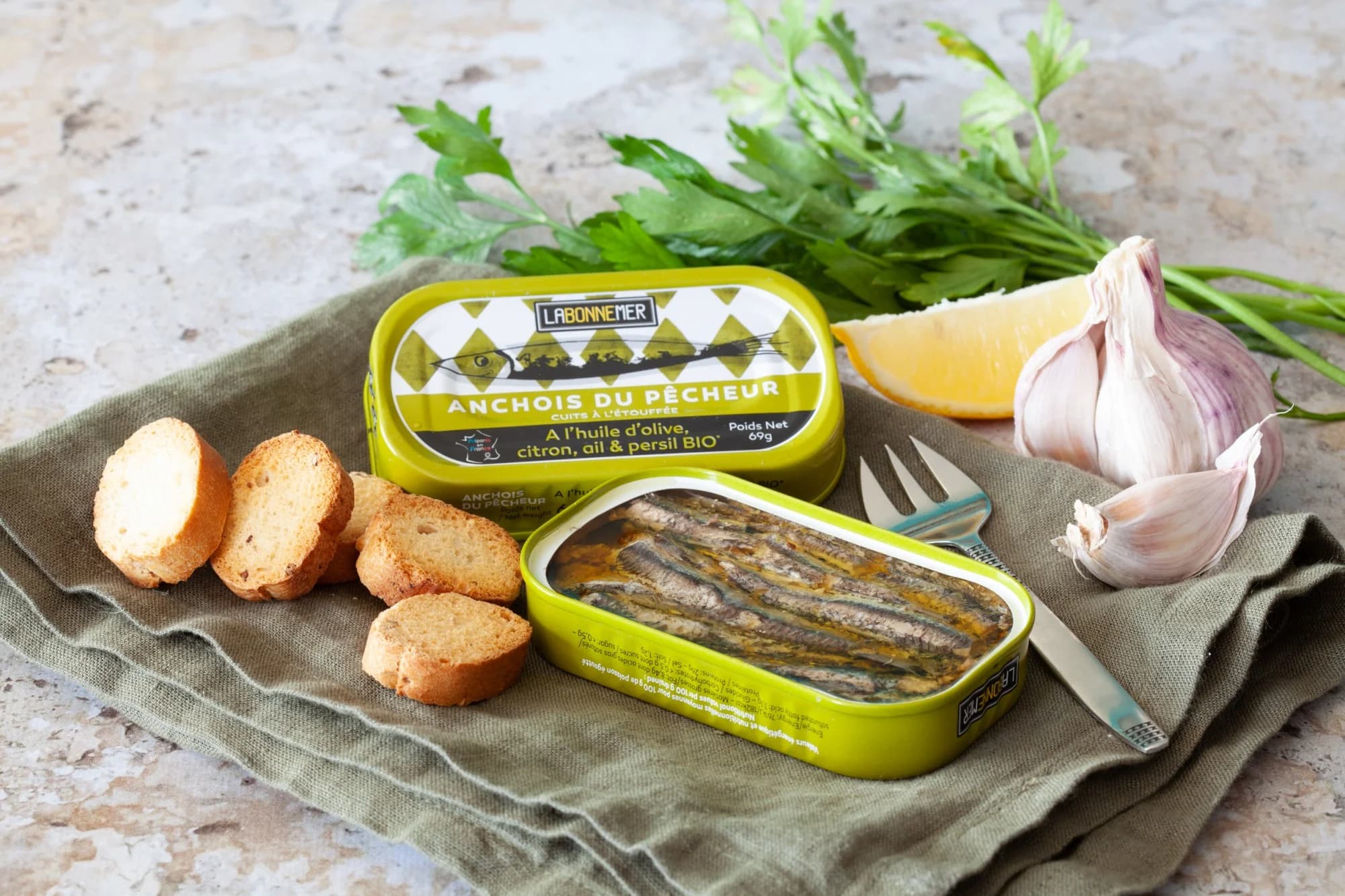 Anchois du Pêcheur à l'huile d'olive, citron, ail et persil Bio — 69 g — La Bonne Mer